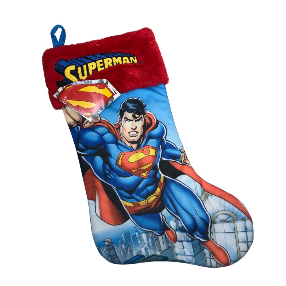 DC Comics Fur Cuff Printed Fabric Superman Ref Blue Christmas Stocking 18”
